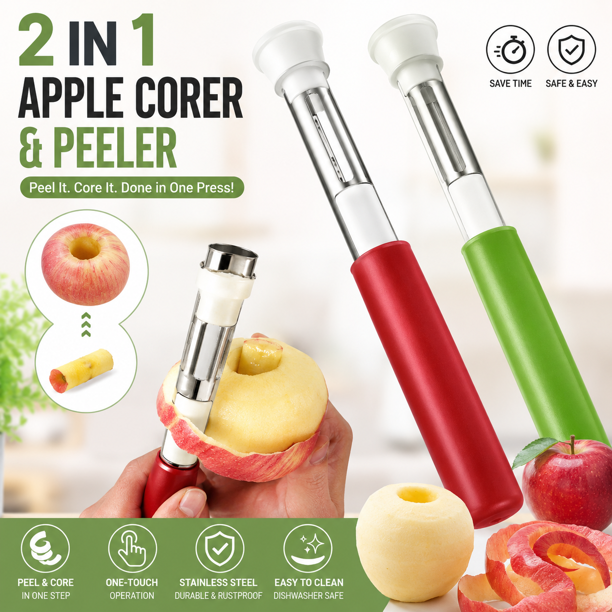 2-in-1 Apple Corer & Peeler – Stainless Steel Fruit Core Remover, Easy Apple Prep Tool for Kitchen, Apples & Pears