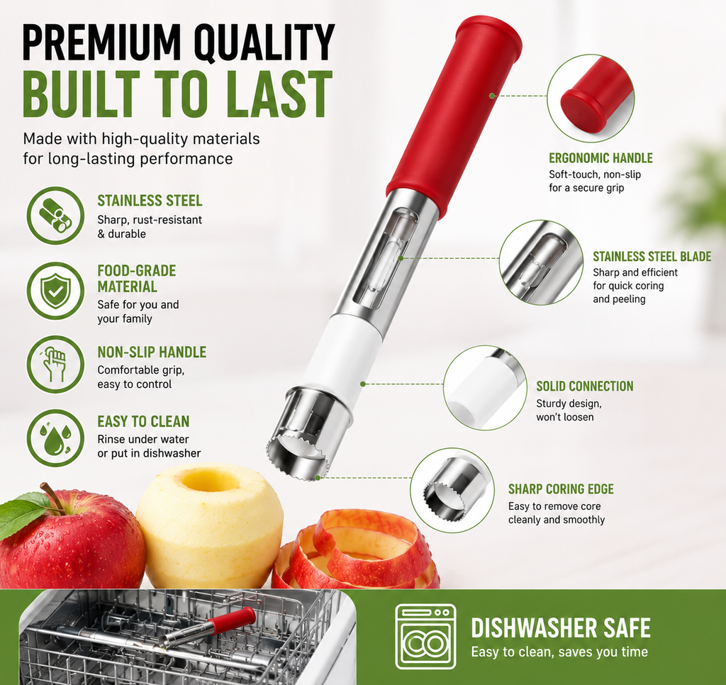 2-in-1 Apple Corer & Peeler – Stainless Steel Fruit Core Remover, Easy Apple Prep Tool for Kitchen, Apples & Pears